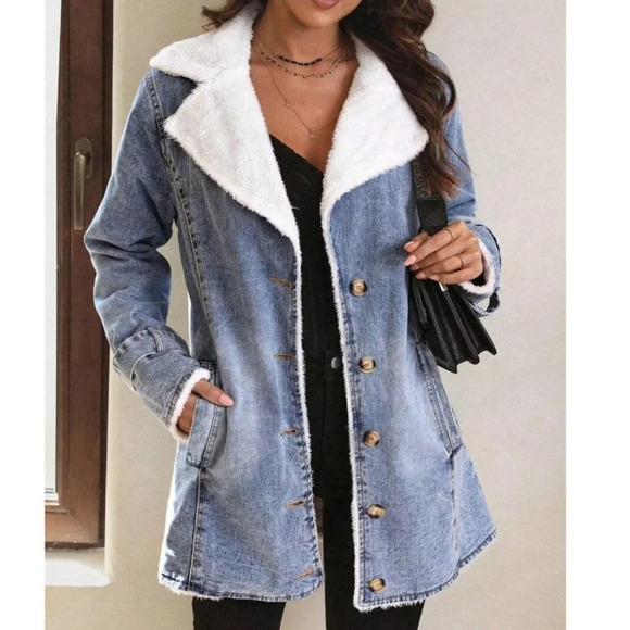Cozy Teddy Lined Button Pocket Oversized Jean Denim Jacket Coat